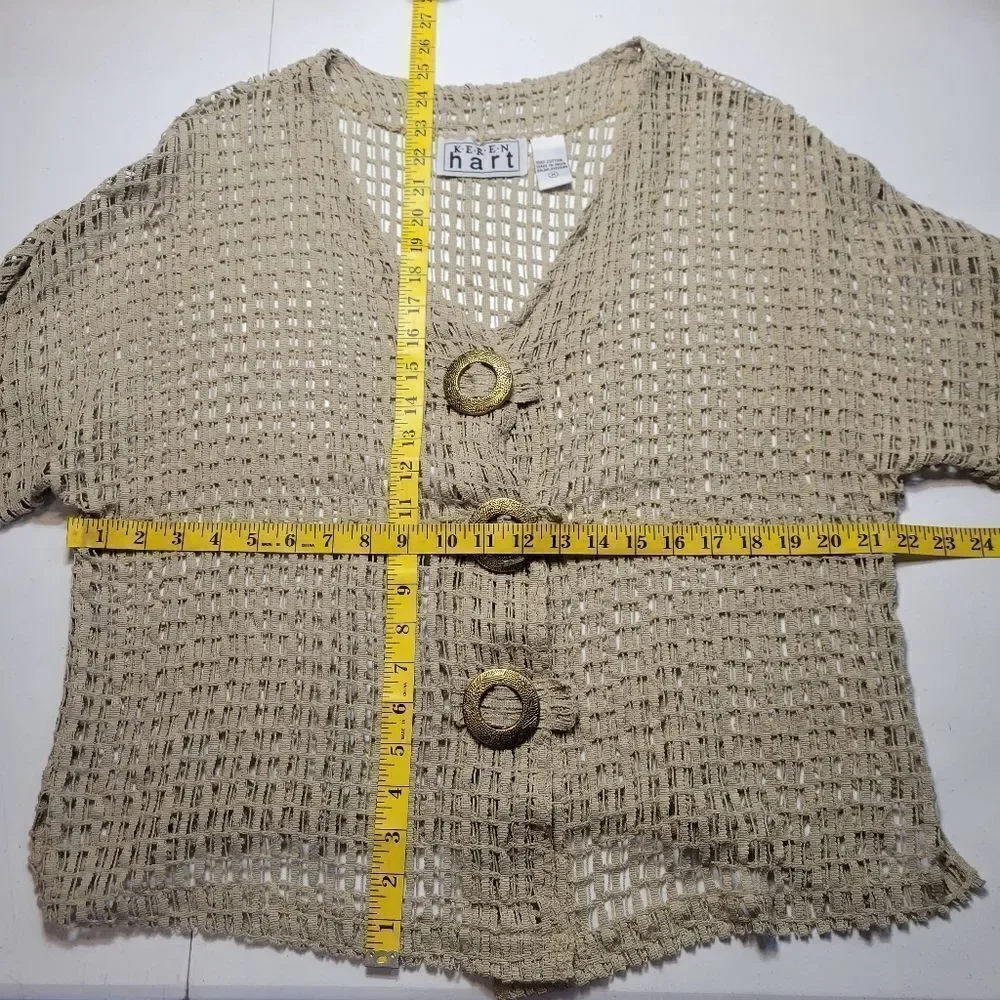 Keren Hart Cotton Fishing Net Knit Cardigan Oversized Button Accents Lagenlook